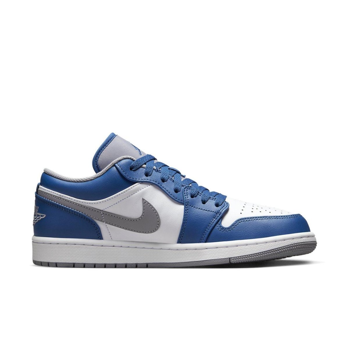 Air Jordan 1 Low True Blue sneaker in white with blue and grey accents, featuring a synthetic leather design.