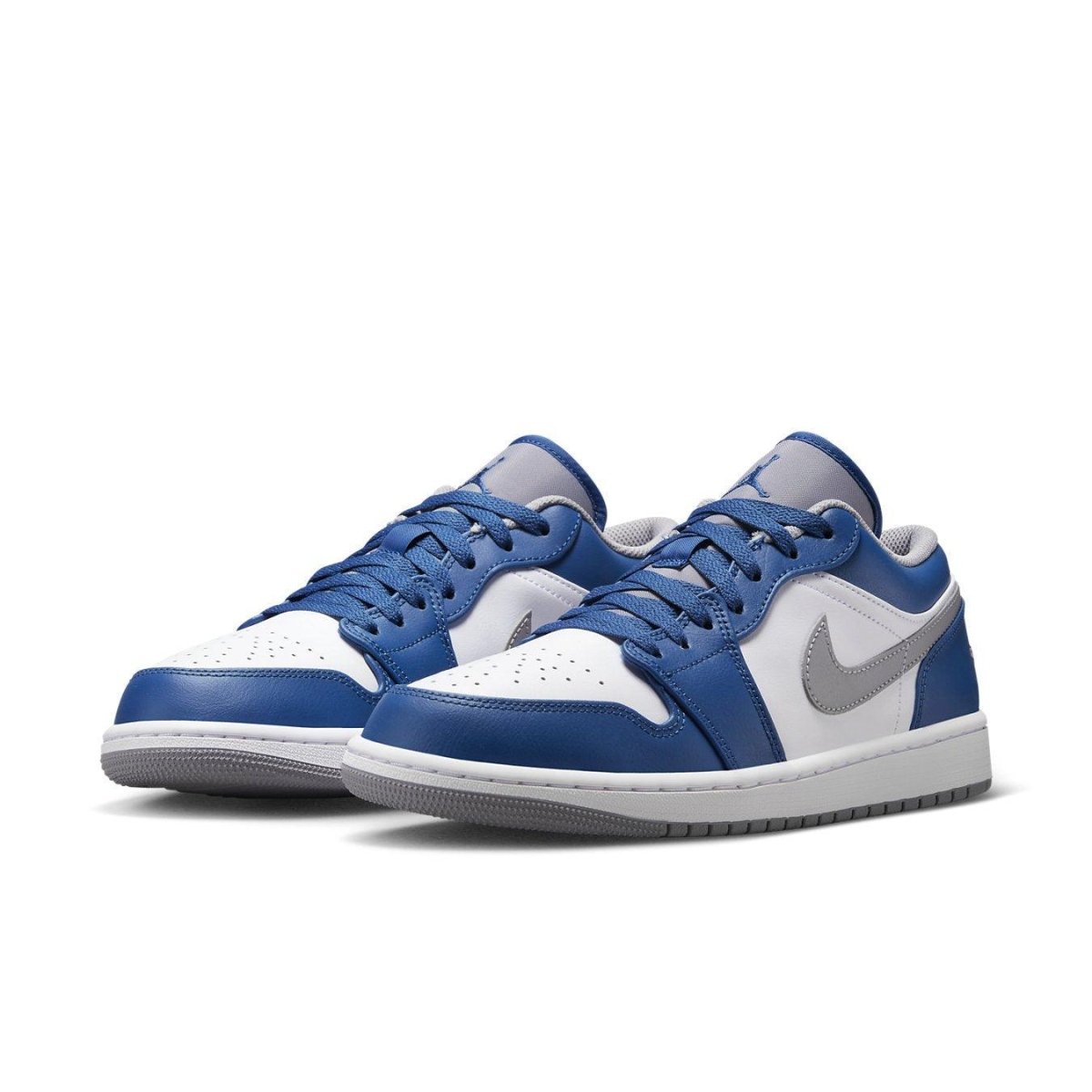 Jordan 1 Low True Blue sneakers in white, blue, and grey with synthetic leather finish, showcasing classic design.
