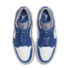 Air Jordan 1 Low True Blue top view featuring white base with true blue and cement gray accents, stylish and sporty design.
