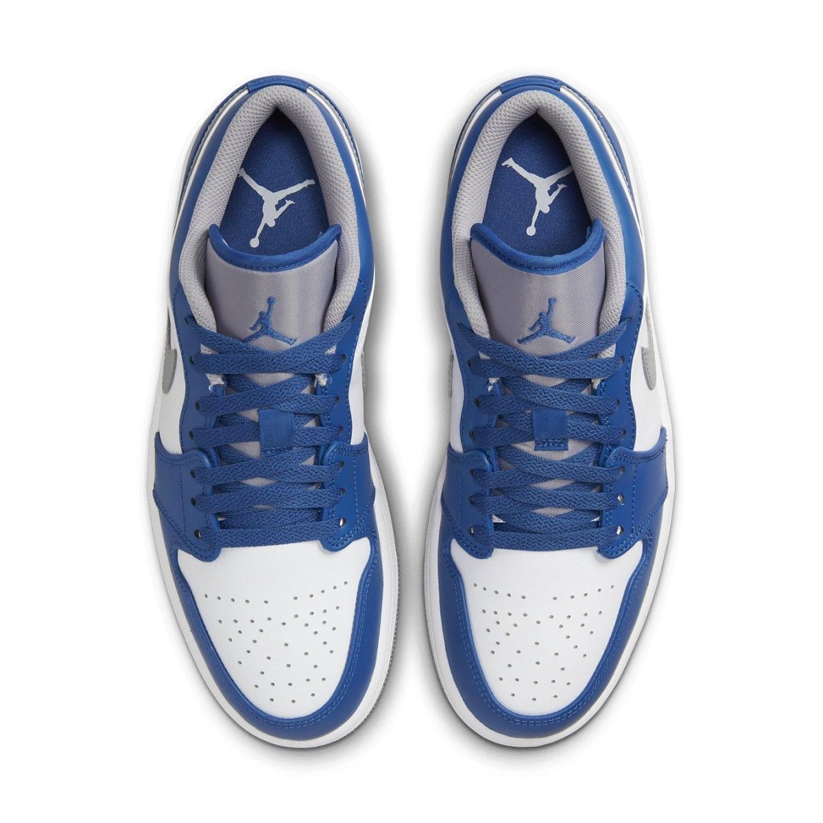 Air Jordan 1 Low True Blue top view featuring white base with true blue and cement gray accents, stylish and sporty design.