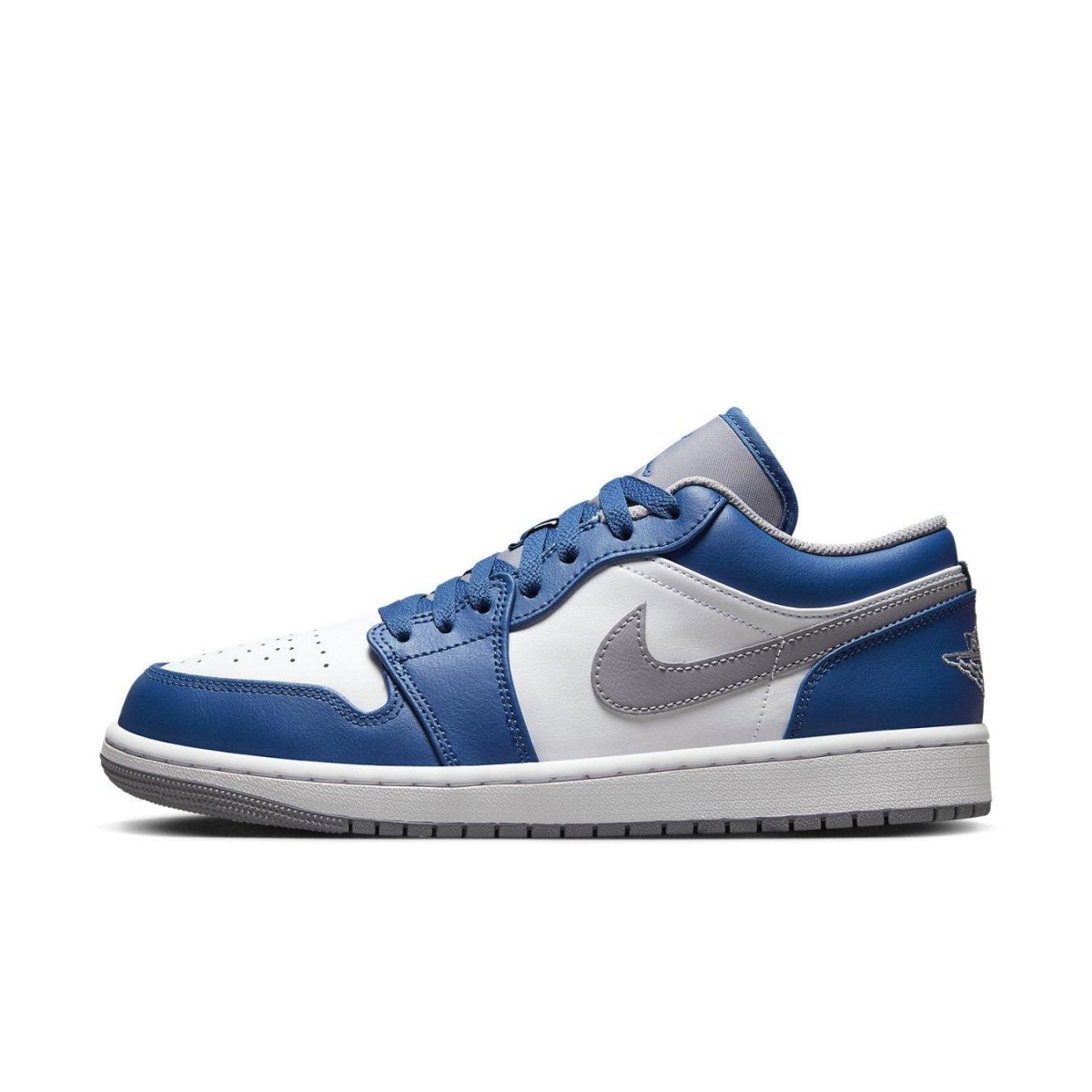 Air Jordan 1 Low True Blue featuring white, true blue, and grey cement colorway in a low-top sneaker design.