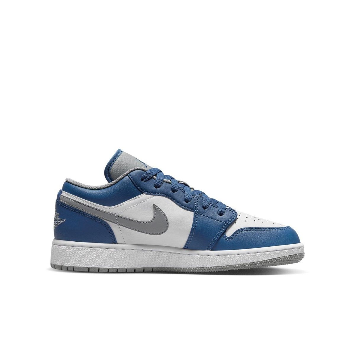 Nike Air Jordan 1 Low True Blue GS sneaker featuring blue, white, and gray colorway with classic Swoosh logo.
