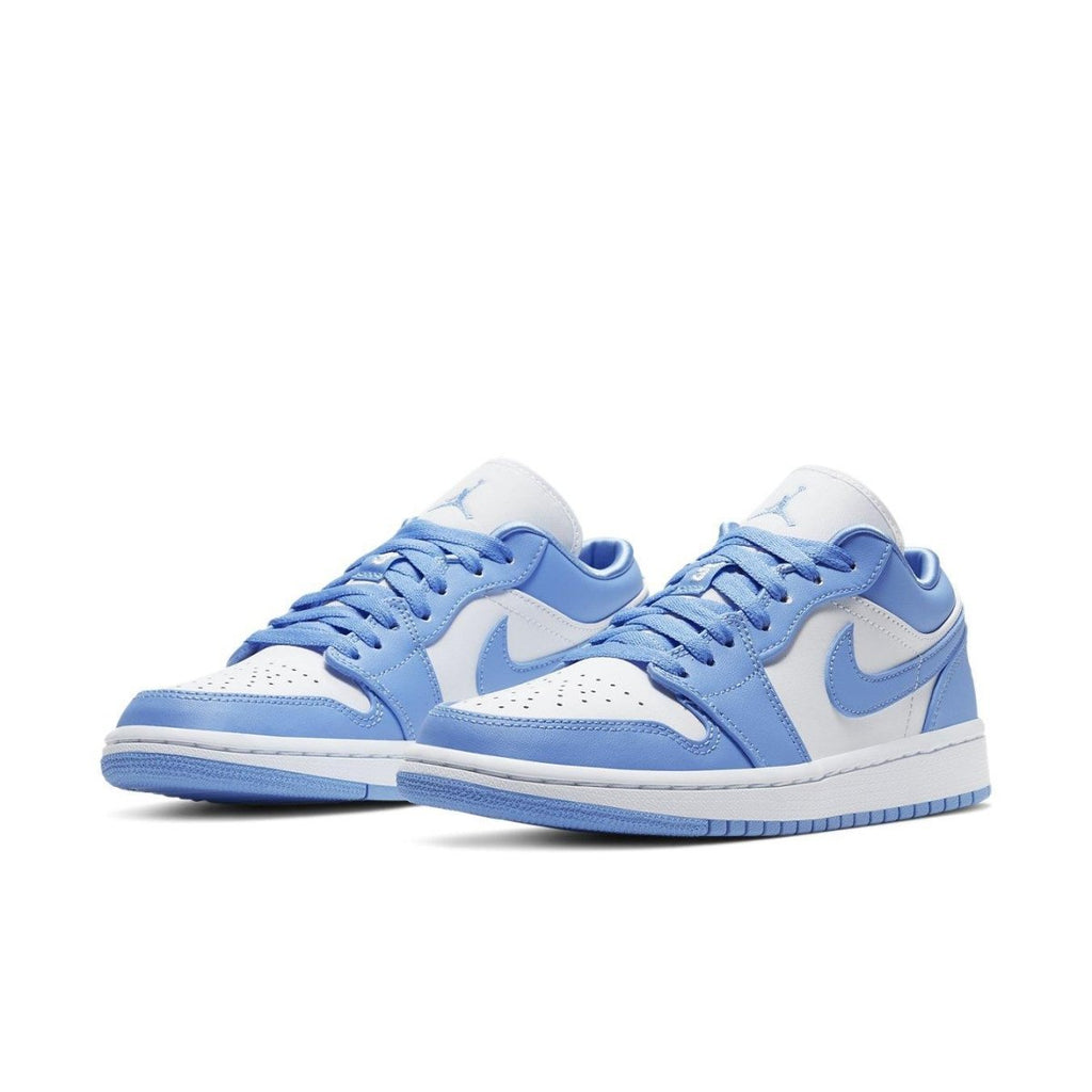 Air Jordan 1 Low UNC women's sneakers featuring University Blue and white color scheme, padded collar, and perforated toe box.