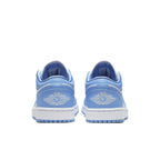 Back view of Air Jordan 1 Low UNC women's sneakers featuring University Blue leather and iconic Jordan Wings logo.