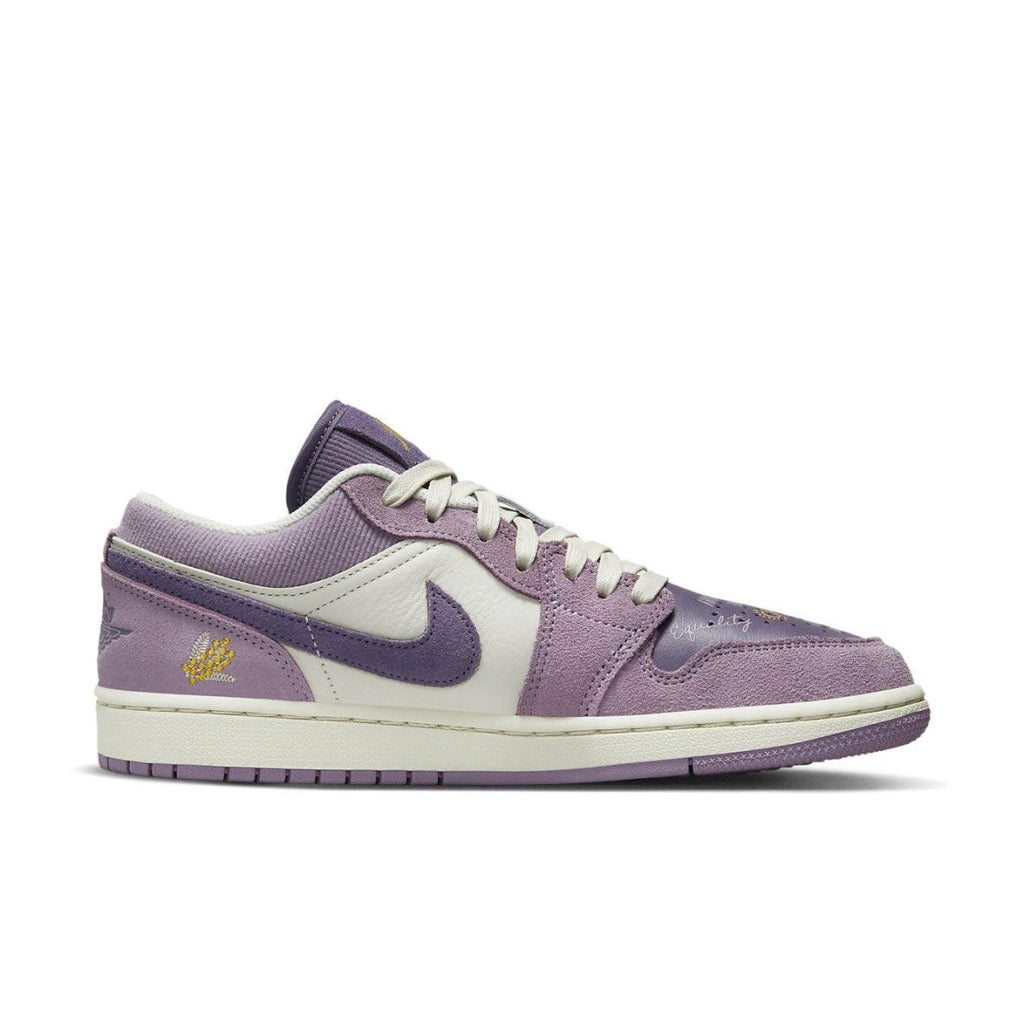 Air Jordan 1 Low Unity (W) in Canyon Purple, Dark Sulphur, Olive Aura, features a unity message.
