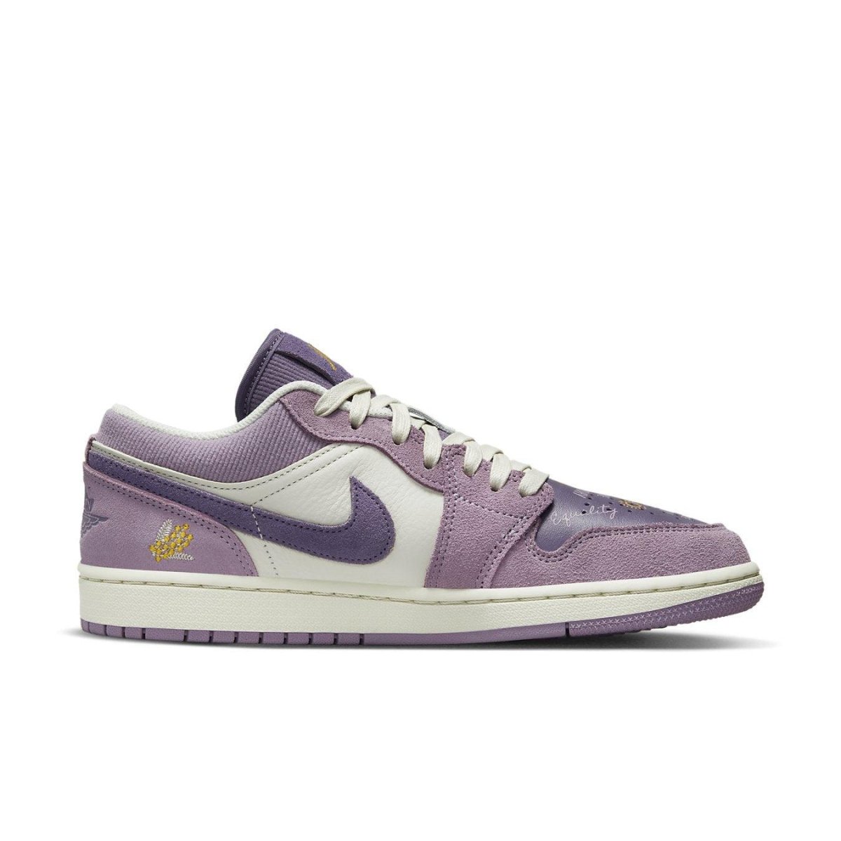 Air Jordan 1 Low Unity (W) in Canyon Purple, Dark Sulphur, Olive Aura, features a unity message.