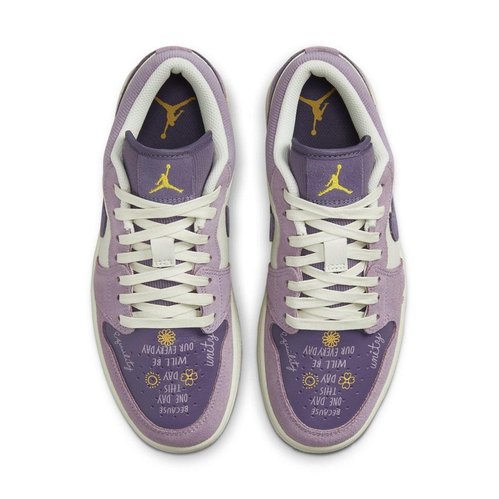 Air Jordan 1 Low Unity (W) in Canyon Purple, featuring unique message and multiple textures.