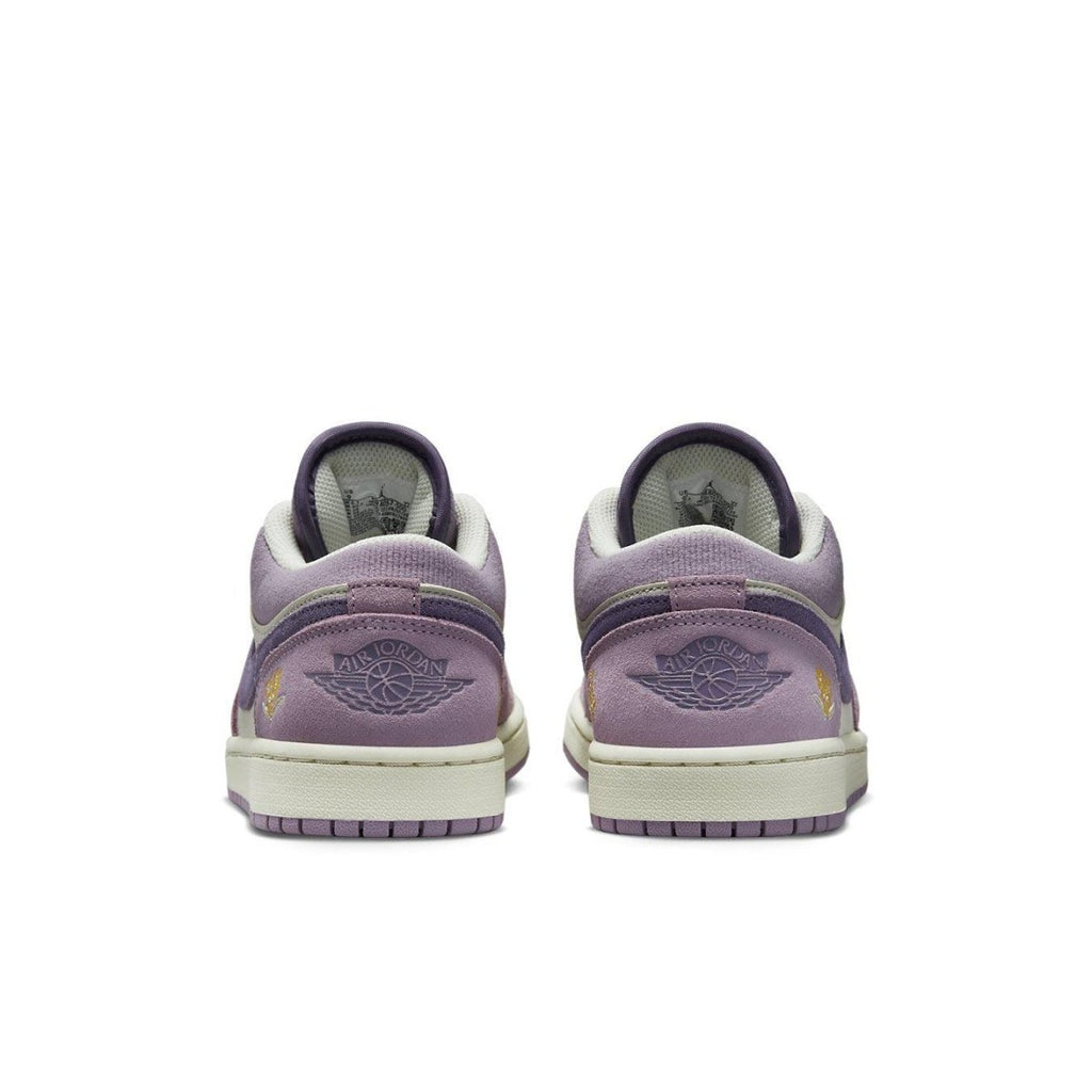 Retro Air Jordan 1 Low Unity (W) in Canyon Purple and Olive Aura, featuring unique branding on the heel.