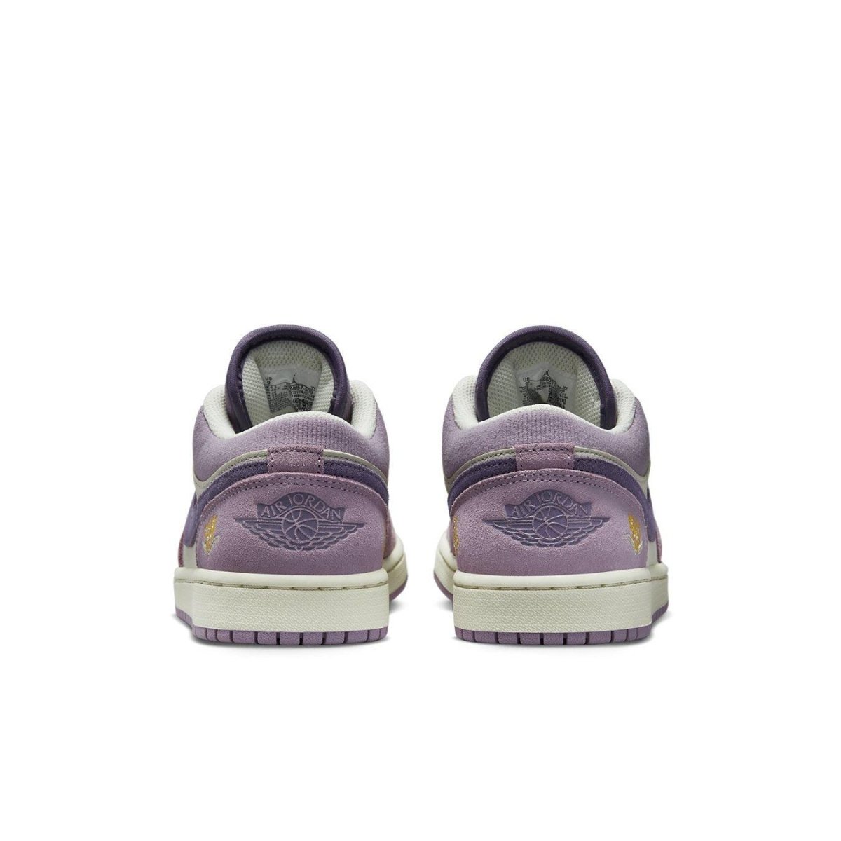 Retro Air Jordan 1 Low Unity (W) in Canyon Purple and Olive Aura, featuring unique branding on the heel.