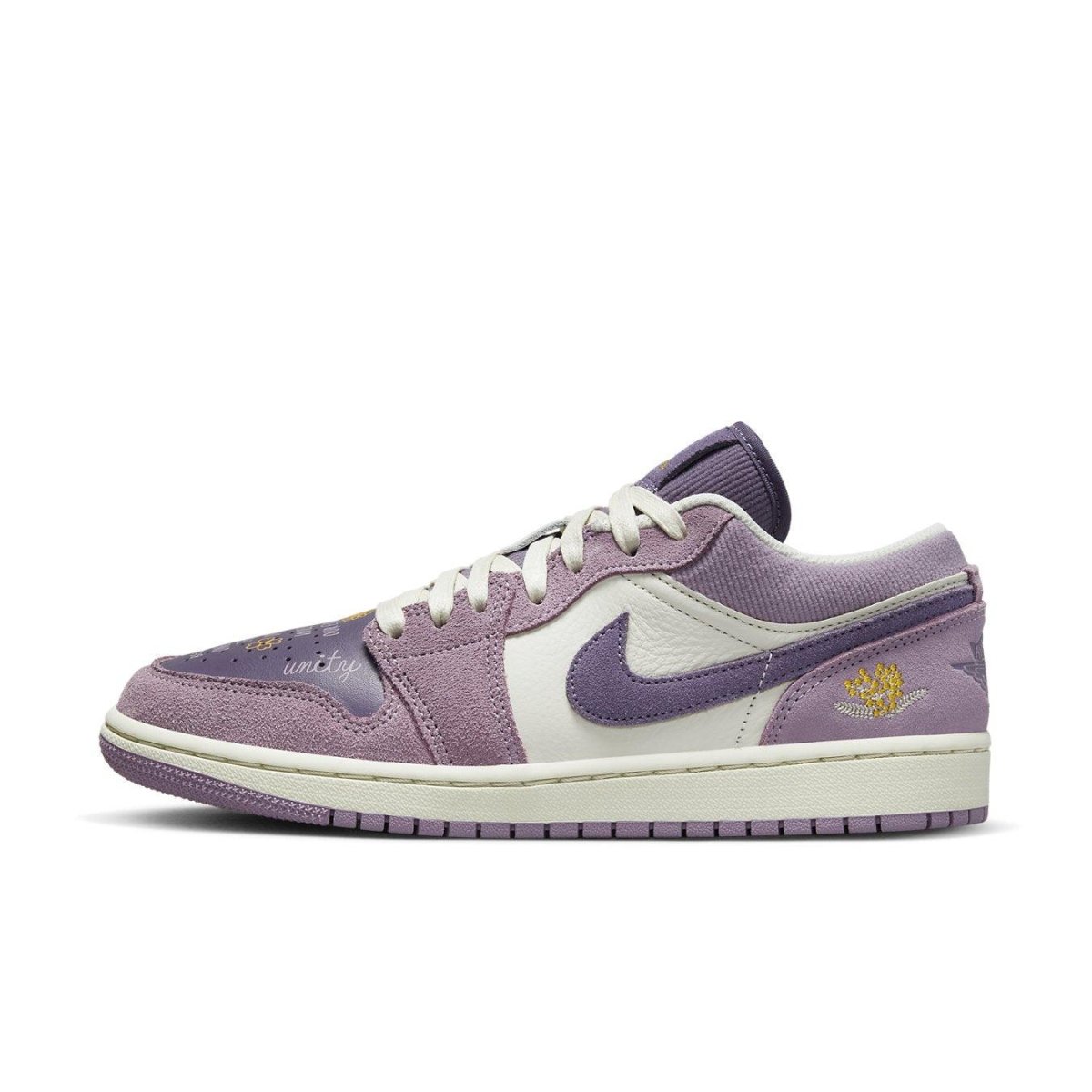 Air Jordan 1 Low Unity (W) in Canyon Purple, Dark Sulphur; features unity message and diverse materials.