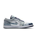 Nike Air Jordan 1 Low Washed Denim sneakers featuring white canvas and denim layers, blue leather Swoosh, white midsole.