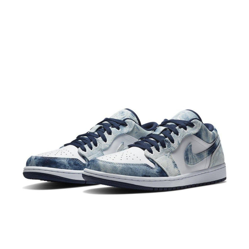 Air Jordan 1 Low Washed Denim featuring white canvas and denim accents with blue leather Swooshes and rubber outsole.