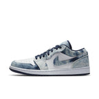 Jordan 1 Low Washed Denim sneakers with white canvas base and blue denim accents.