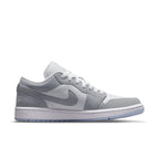 Jordan 1 Low Wolf Grey sneaker featuring premium leather in wolf grey and white with iconic Nike Swoosh.