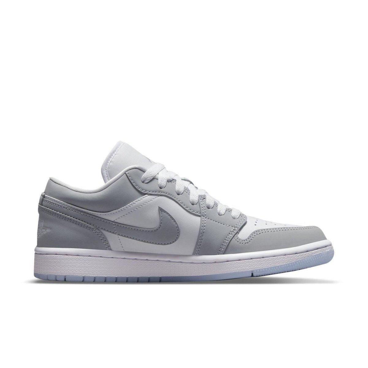 Jordan 1 Low Wolf Grey sneaker featuring premium leather in wolf grey and white with iconic Nike Swoosh.