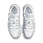 Top view of Jordan 1 Low Wolf Grey women's sneaker featuring premium white and wolf grey leather.