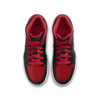 Top view of Jordan 1 Mid Alternate Bred (2022) sneakers featuring black and red leather design.