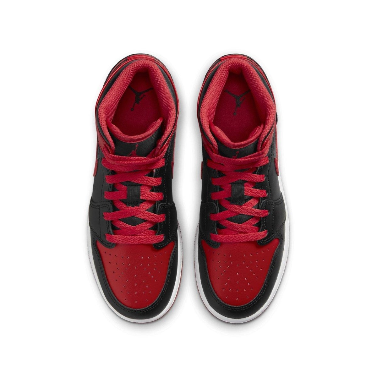 Top view of Jordan 1 Mid Alternate Bred (2022) sneakers featuring black and red leather design.