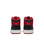 Air Jordan 1 Mid Alternate Bred (2022) GS shoes showing back view with red and black colorway and white sole.