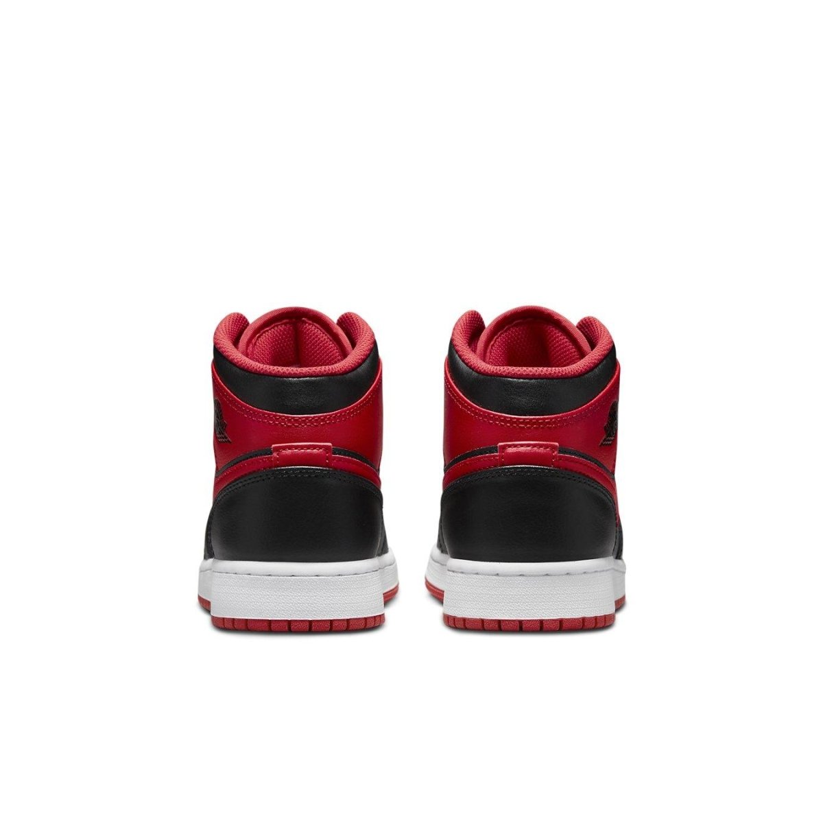 Air Jordan 1 Mid Alternate Bred (2022) GS shoes showing back view with red and black colorway and white sole.
