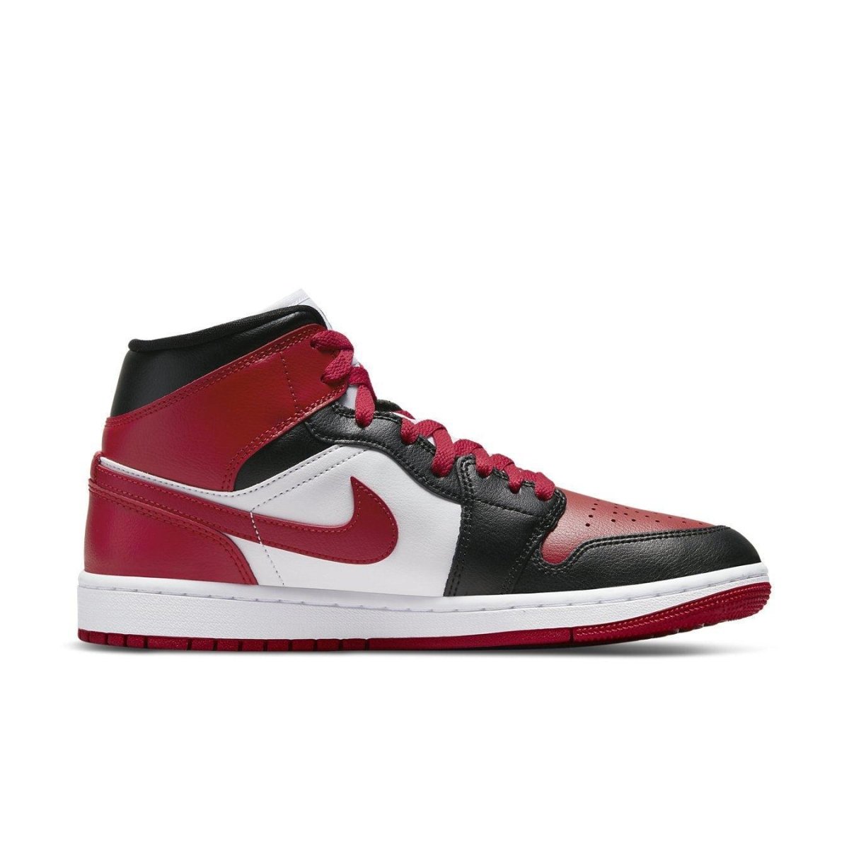 Nike Air Jordan 1 Mid WMNS Bred Toe sneakers in red, white, and black leather, featuring a classic design.