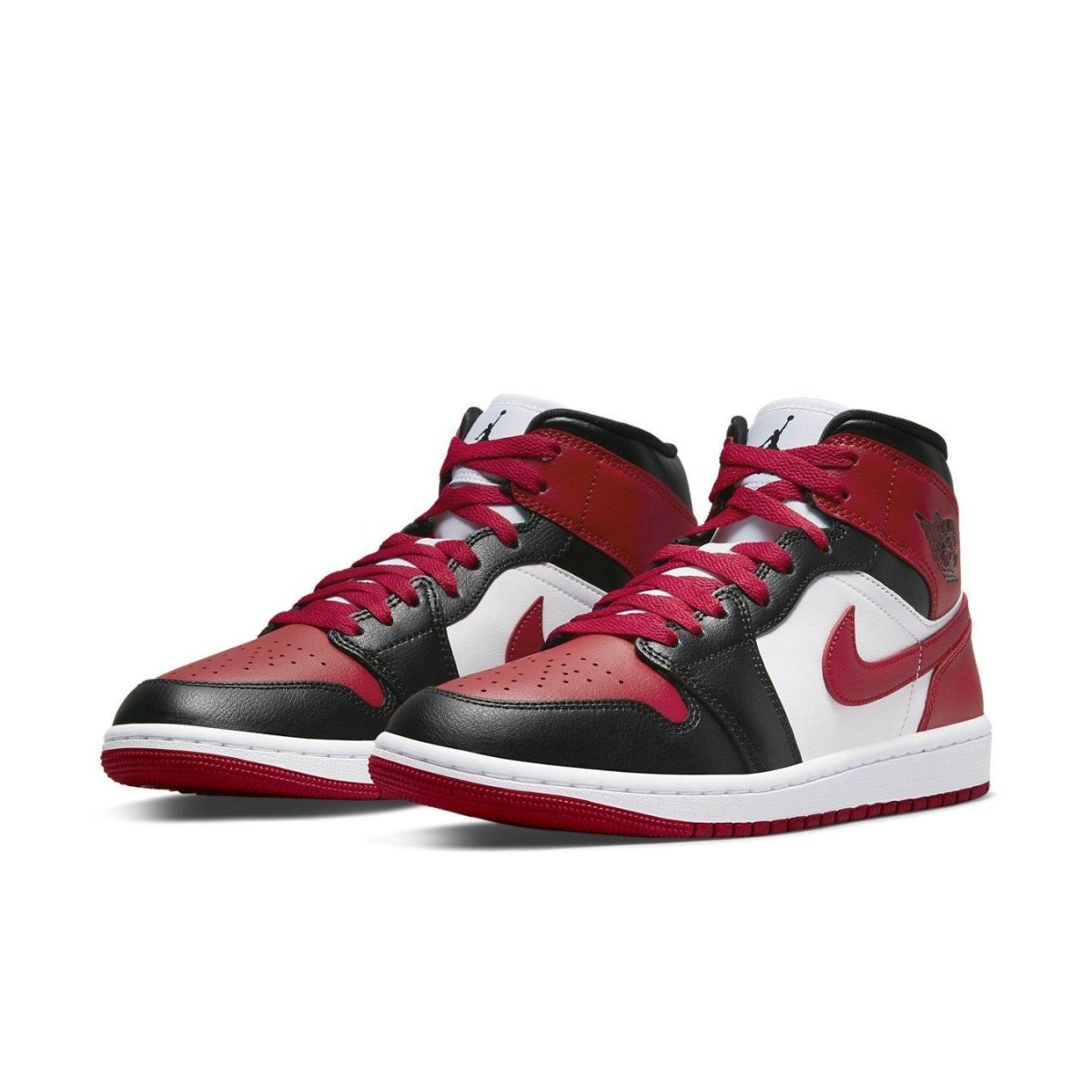 Air Jordan 1 Mid WMNS 'Bred Toe' in red, black, and white leather, featuring classic Chicago colorway details.