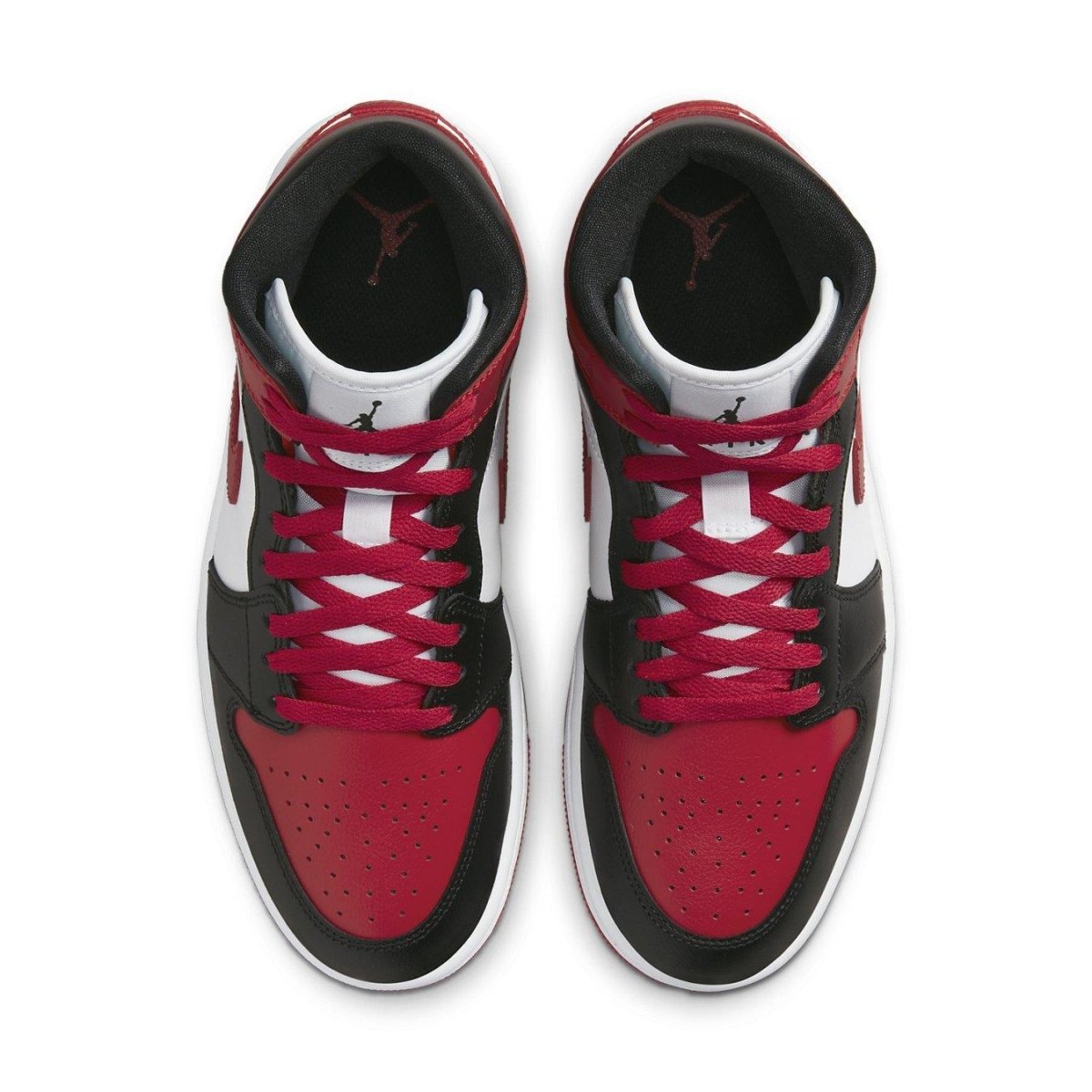 Air Jordan 1 Mid WMNS Bred Toe sneaker featuring red, black, and white colorway and classic design.