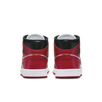 Retro Air Jordan 1 Mid WMNS Bred Toe shoes featuring red, white, and black leather design from behind.