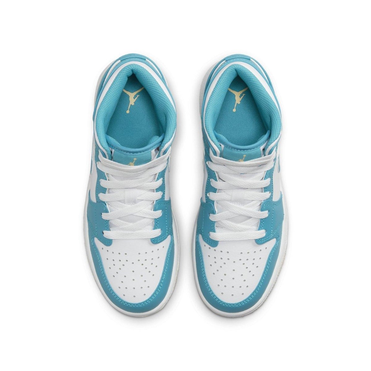 Jordan 1 Mid Aquatone (GS) sneakers featuring a blue and white colorway, premium materials, and cushioned ankle collar.