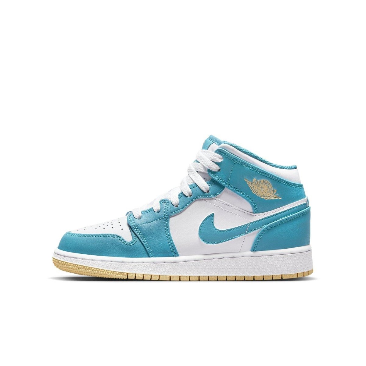Jordan 1 Mid Aquatone (GS) sneaker in blue and white with premium materials and Air-Sole cushioning.
