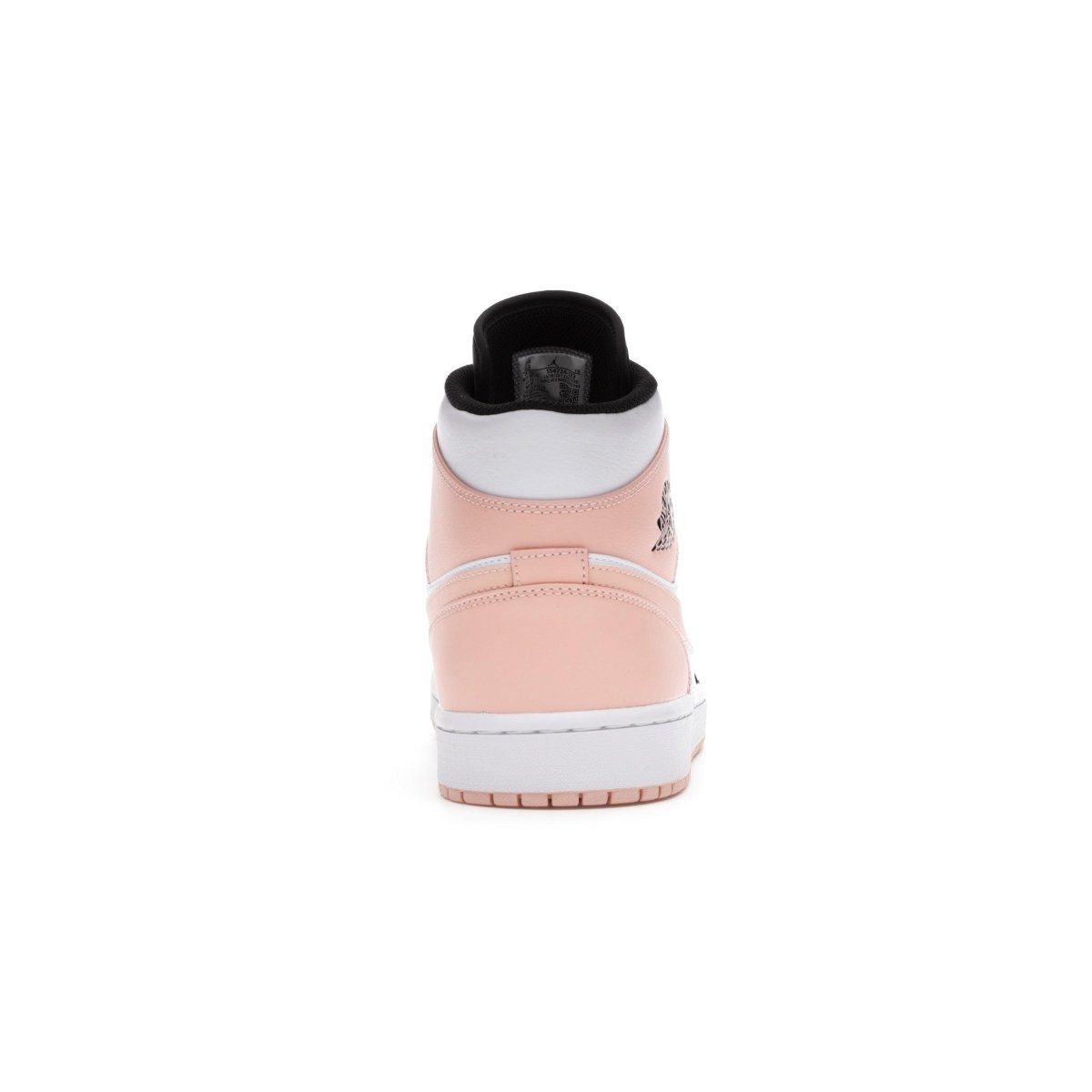 Rear view of Jordan 1 Mid Arctic Orange Black Toe sneaker with pink and white leather upper.