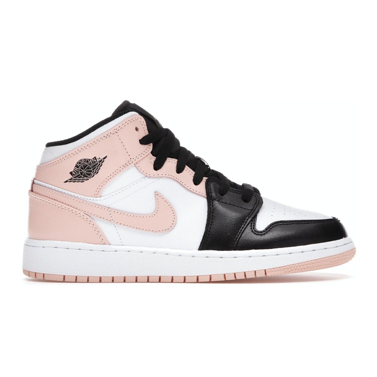 Air Jordan 1 Mid Arctic Orange Black Toe GS sneaker featuring pastel accents and black overlays.