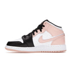 Jordan 1 Mid GS Arctic Orange Black Toe sneaker in black, white, and pastel pink colorway, side view.