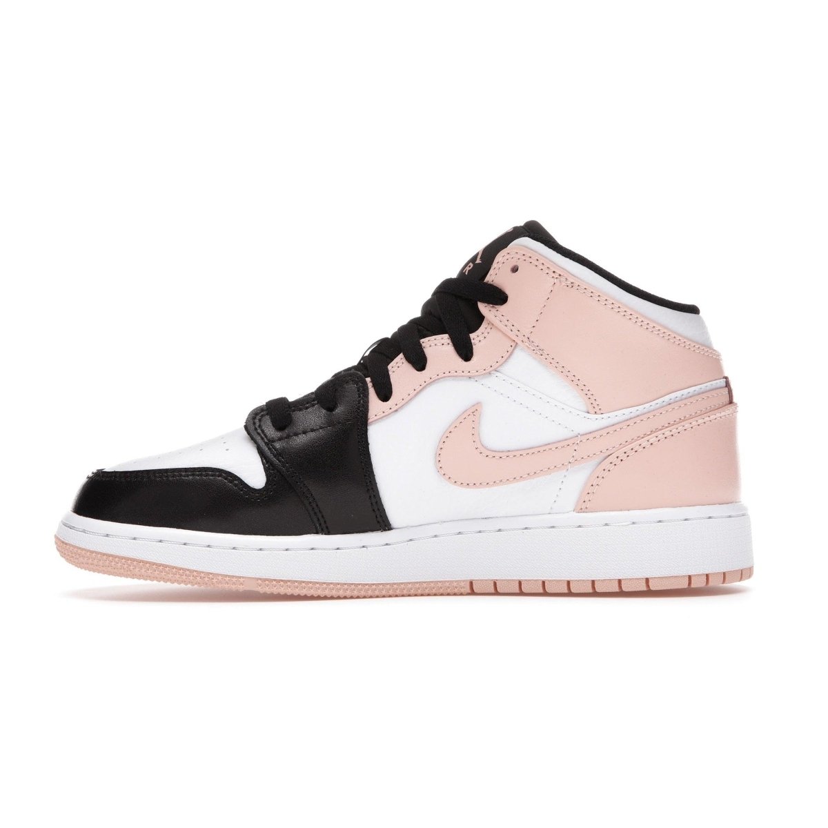 Jordan 1 Mid GS Arctic Orange Black Toe sneaker in black, white, and pastel pink colorway, side view.