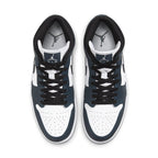 Top view of Jordan 1 Mid Armory Navy sneaker featuring suede and leather design in navy and white colors.