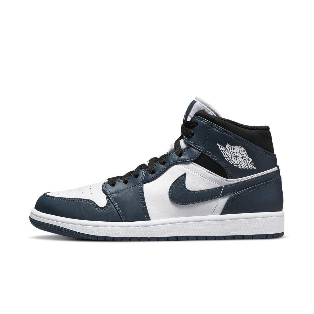 Air Jordan 1 Mid Armory Navy sneaker featuring suede and leather upper in navy and white, with Jumpman logo.