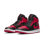 Air Jordan 1 Mid Banned 2020 sneakers in black and red colorway, featuring iconic design and high-top silhouette.