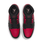 Air Jordan 1 Mid 'Banned 2020' sneakers in black and red colorway, featuring signature Jumpman logos.