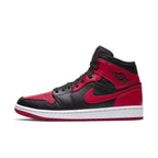 Jordan 1 Mid Banned 2020 in black and red colorway, inspired by iconic NBA history.