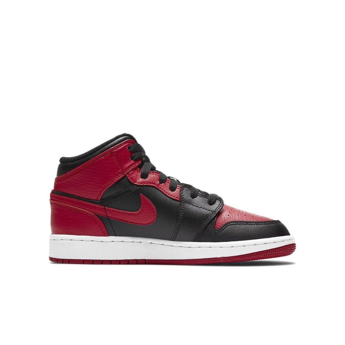 Air Jordan 1 Mid Banned 2020 GS sneakers in black and red with white sole, featuring iconic Nike logo.