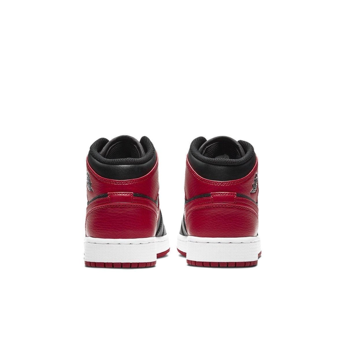 Rear view of Air Jordan 1 Mid Banned 2020 in black and red with white sole.