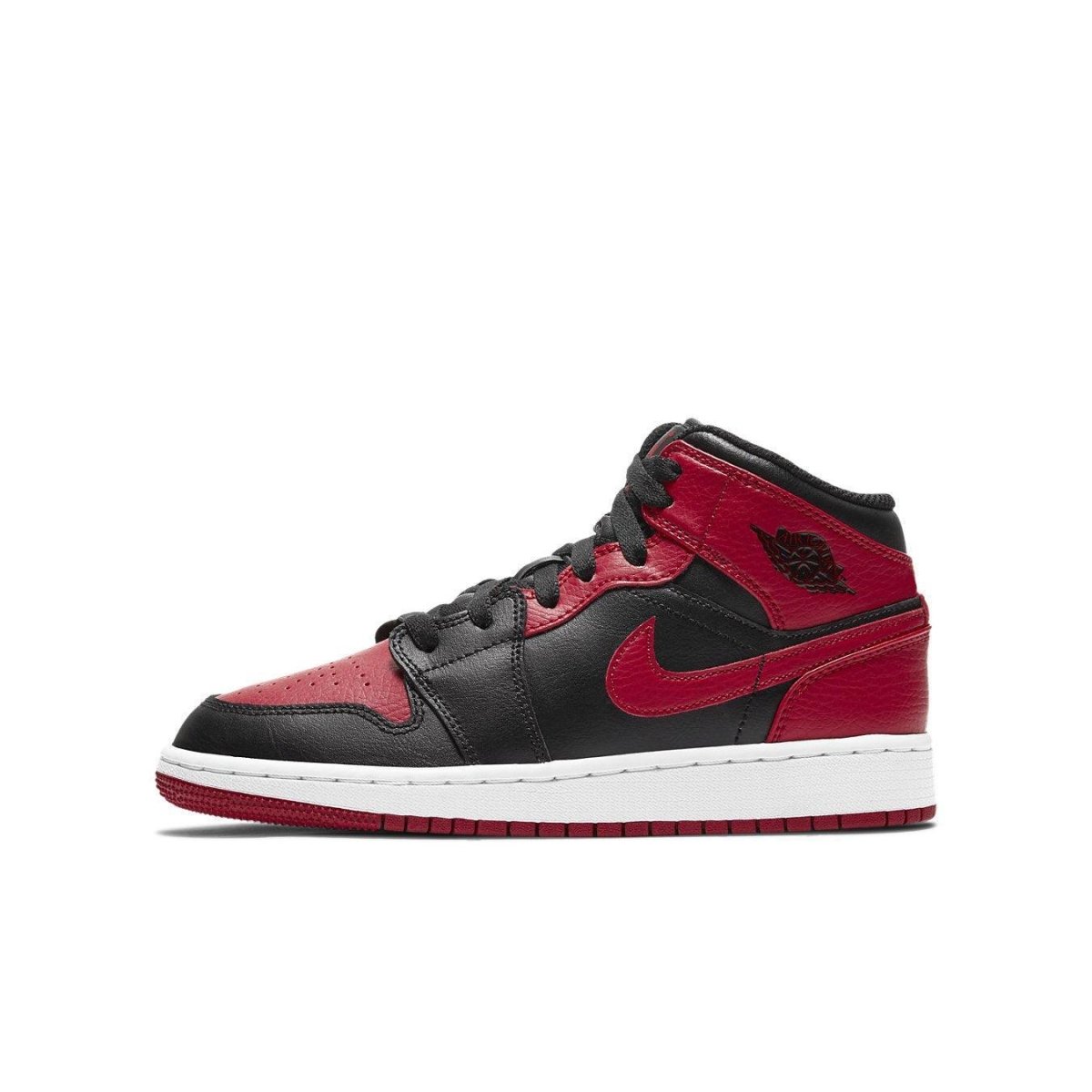Air Jordan 1 Mid Banned 2020 GS in black and red with white sole, showcasing a classic basketball sneaker design.
