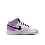 Jordan 1 Mid Barely Grape GS sneaker showcasing a purple, black, and white colorway with smooth leather panels.