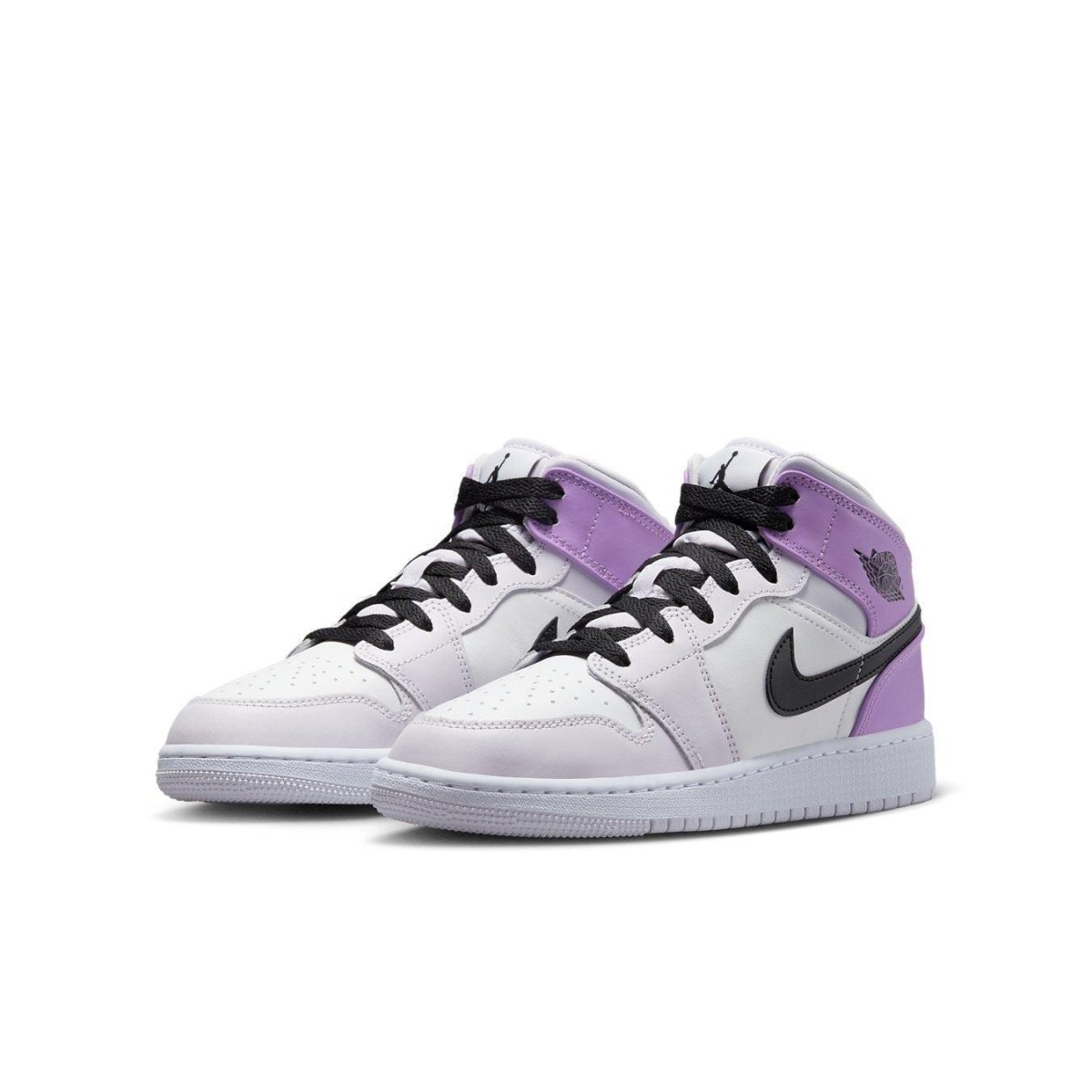 Jordan 1 Mid Barely Grape GS sneakers in purple and white with black accents, designed for stylish comfort.