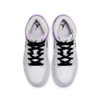 Top view of Air Jordan 1 Mid Barely Grape GS sneakers featuring white panels and purple accents.