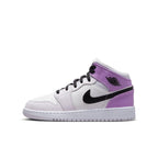 Air Jordan 1 Mid Barely Grape GS sneakers featuring purple accents and classic Nike branding.