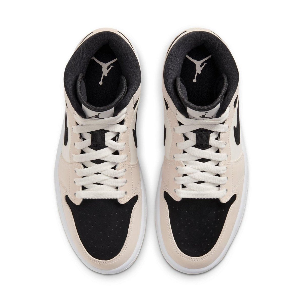 Air Jordan 1 Mid Barely Orange sneakers top view featuring beige and black design with white laces.