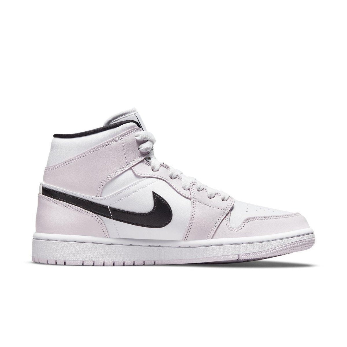 Women’s Nike Air Jordan 1 Mid 'Barely Rose' sneaker with white leather and black Swoosh detail.