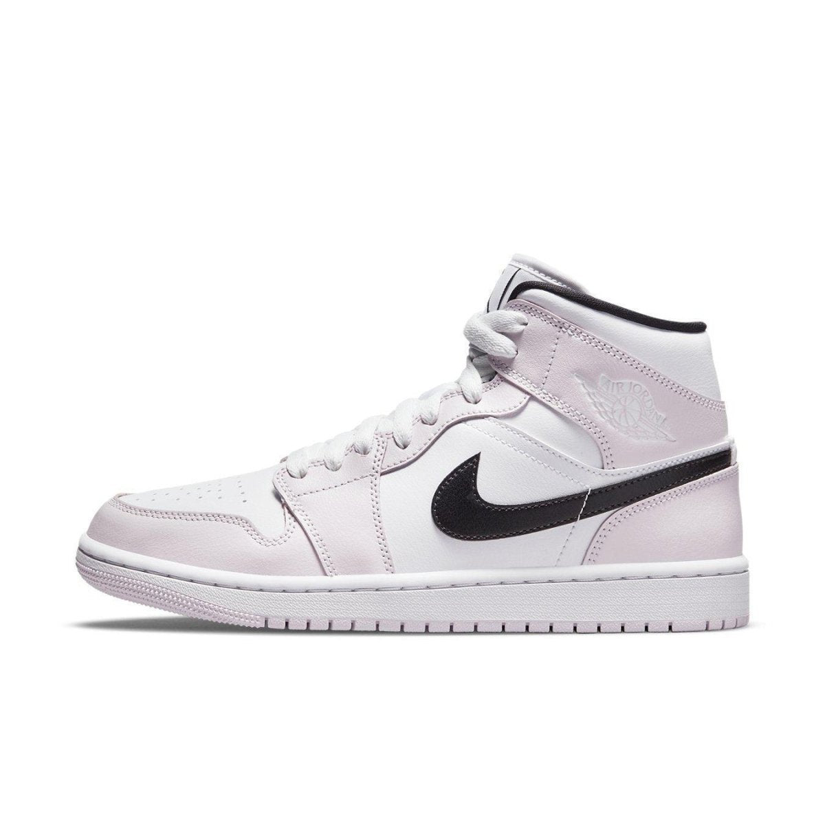 Air Jordan 1 Mid Barely Rose Women's sneaker in pink and white with black Swoosh and logo.