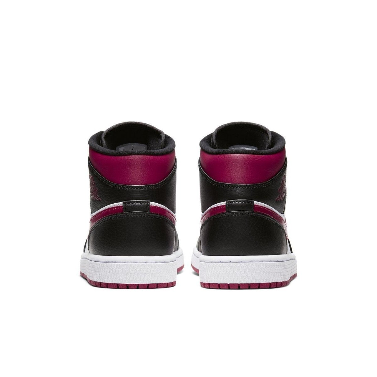 Back view of Air Jordan 1 Mid Bred Toe sneakers featuring black and Noble Red leather with a white sole.